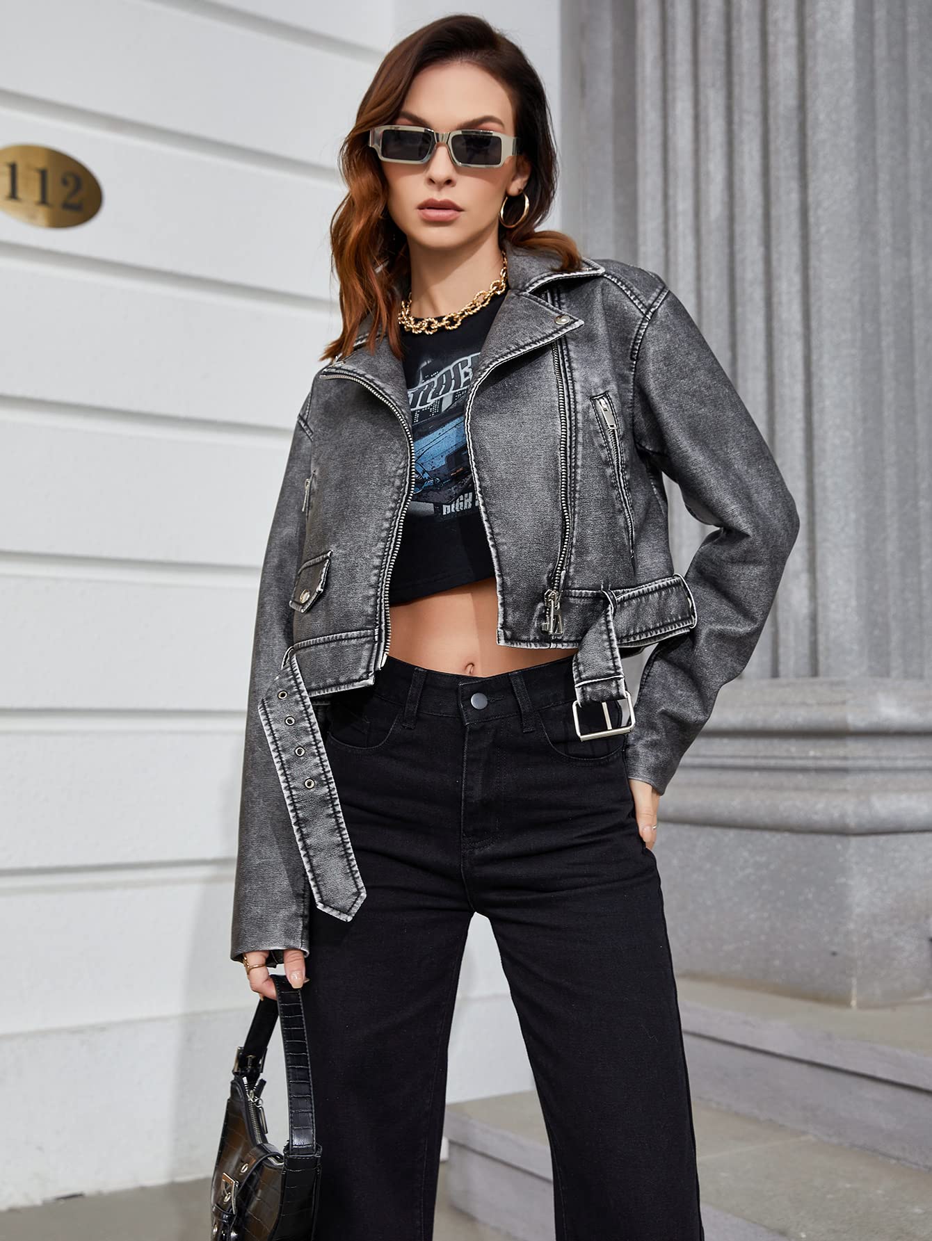 LY VAREY LIN Women Faux Leather Cropped Jacket Zipper Buckle Belted Long Sleeve Vintage Motorcycle Outwear(L2311 Black Grey M)