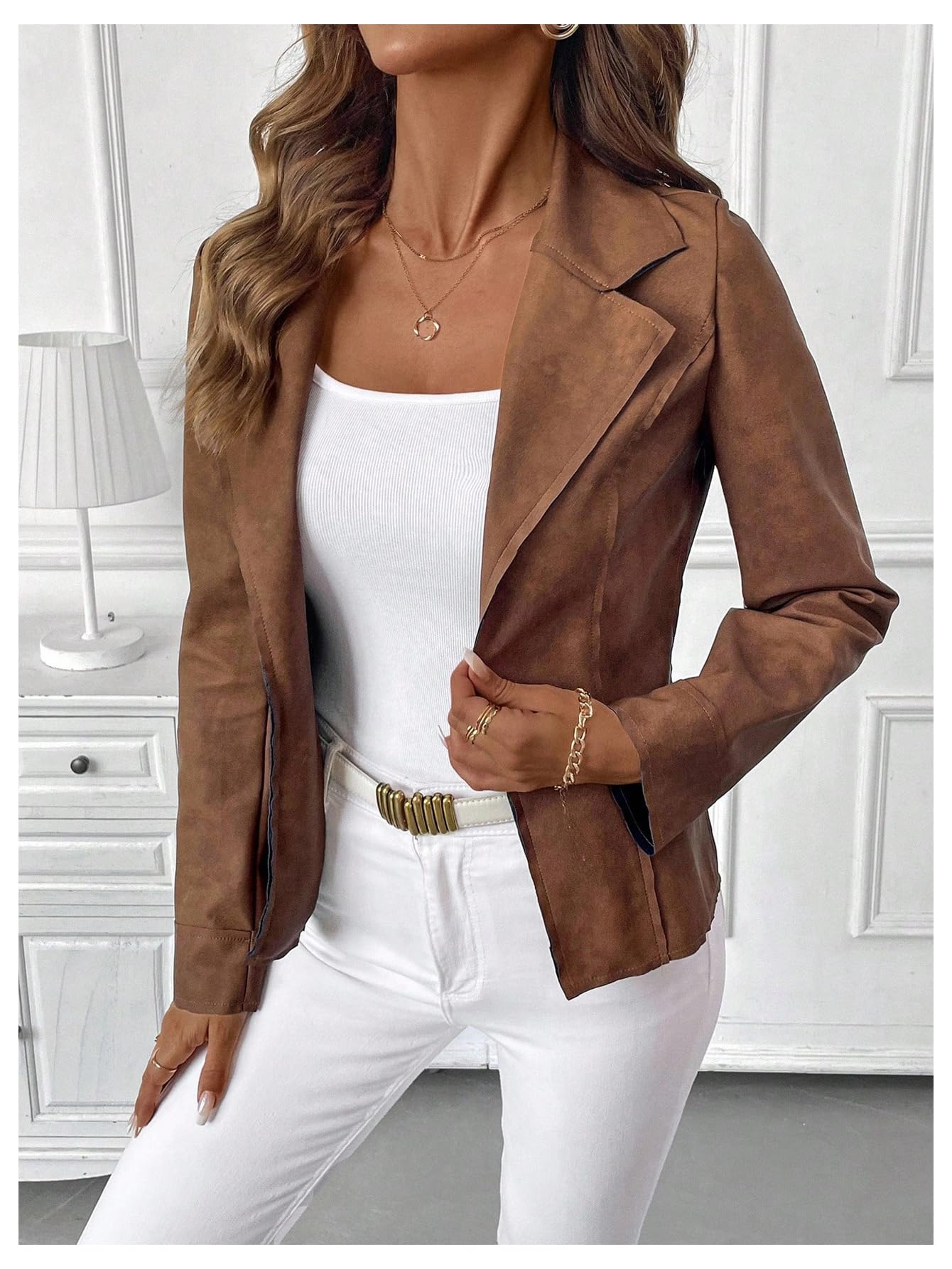 GORGLITTER Women's Going Out Jackets Outfits Faux Suede Jackets Trendy Long Sleeve Collar Leather Open Front Blazer Coat Brown Small