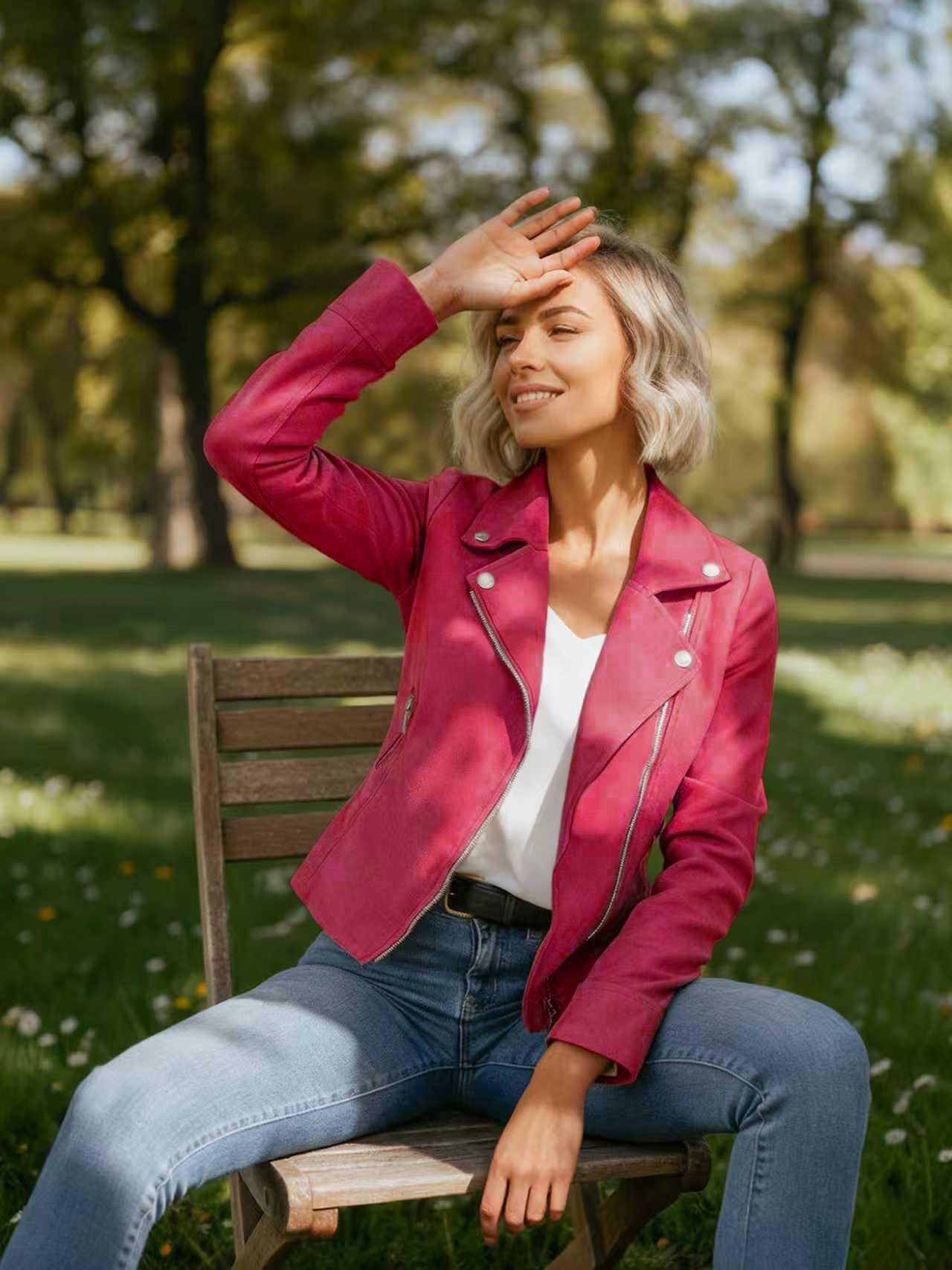SS-Sunrise Fashion Women's Faux Suede Jacket Long Sleeve Asymmetric Zip Casual Cropped Coat Biker Moto Jacket Outwear with Fake Pockets (X-Large, Red)