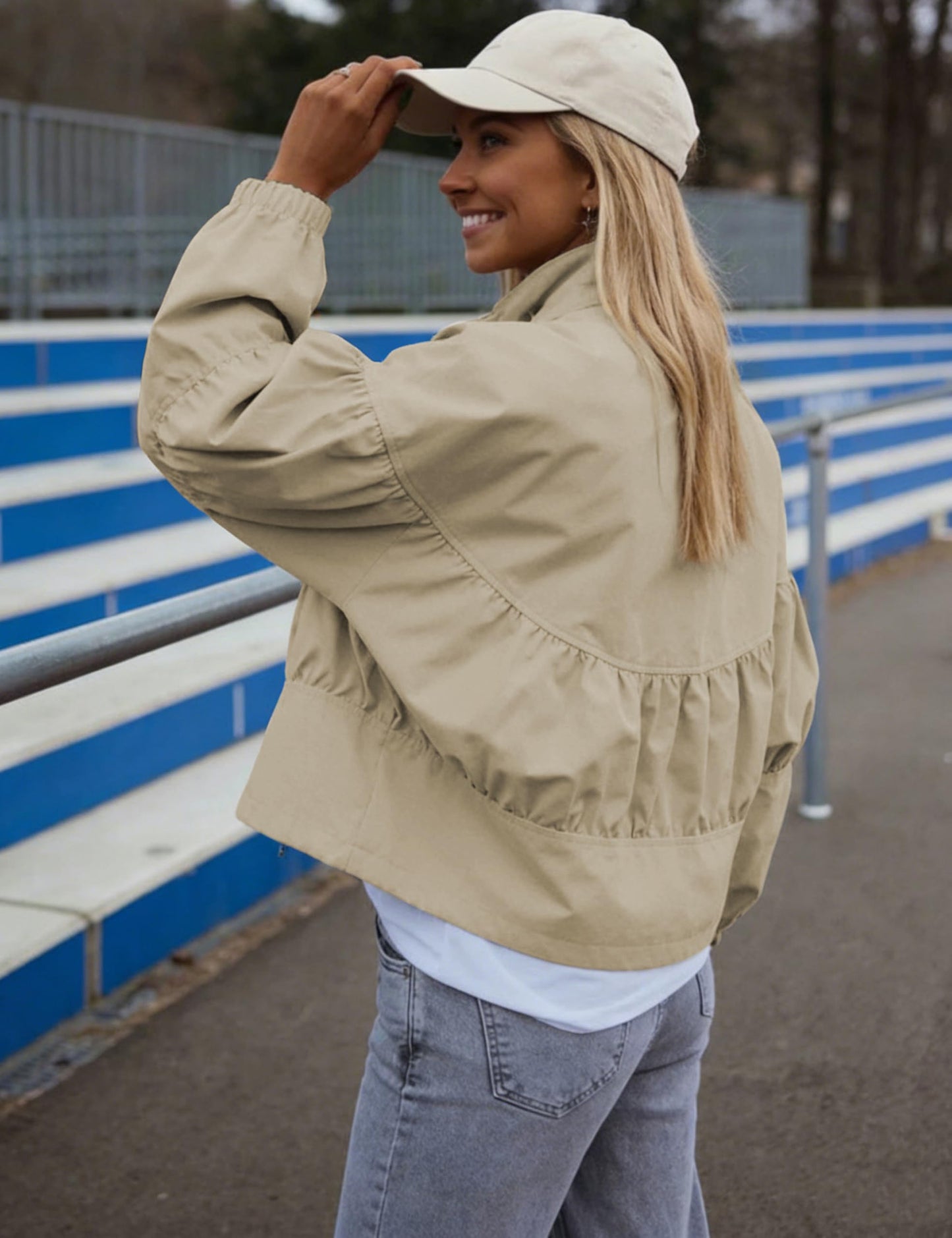 Watashi Women Cropped Bomber Jacket Casual Lightweight Spring Fall Lapel Coat Balloon Long Sleeve Streetwear Outerwear (Khaki-M)