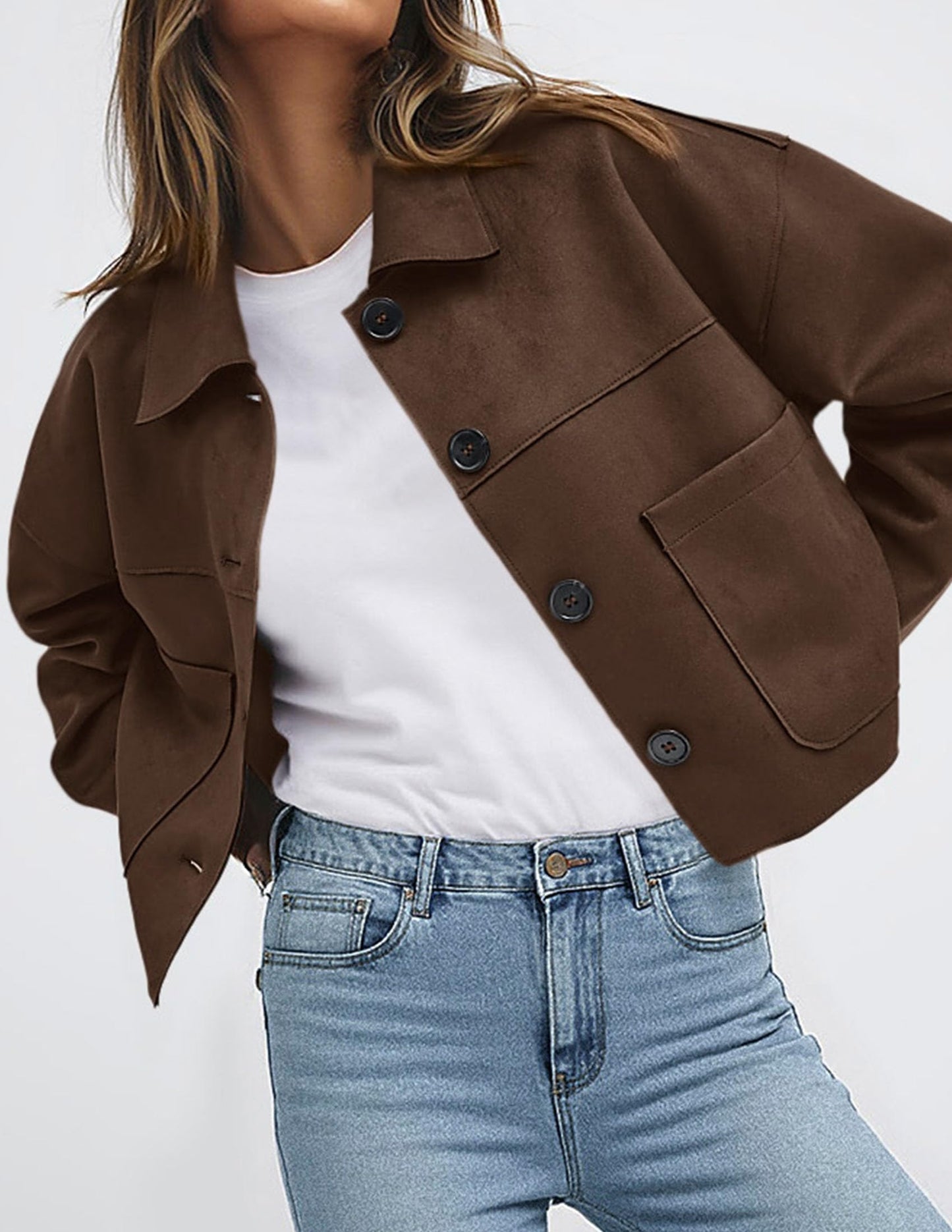 PRETTYGARDEN Women's Faux Suede Cropped Jacket Casual Lightweight Fall Fashion 2026 Winter Coats Outerwear Trendy Clothes (Dark Brown,Medium)