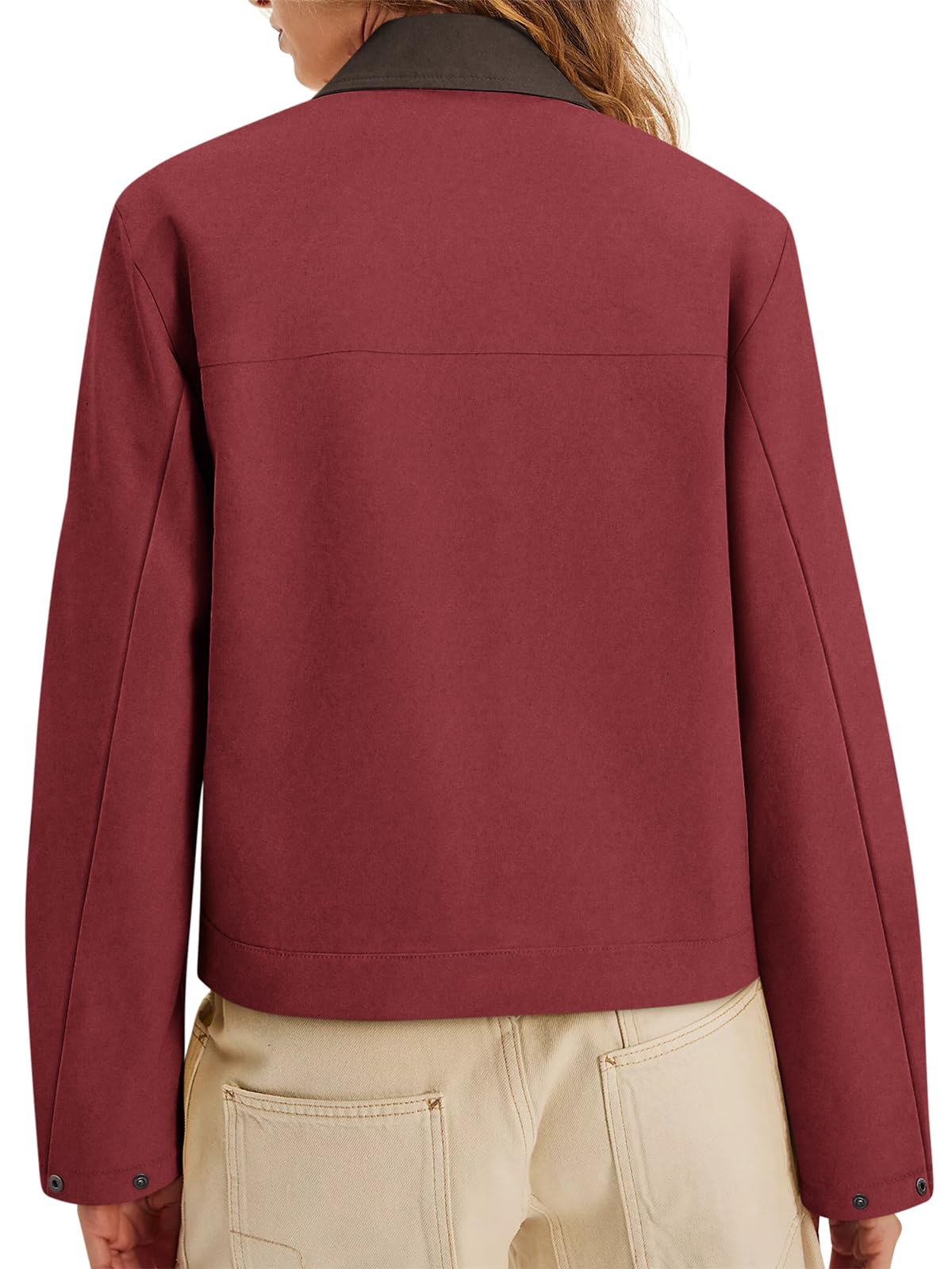 COCCKO Jackets for Women 2026 Full Zip Up Contrast Collar Crop Jacket Casual Trendy Bomber Coat Red L