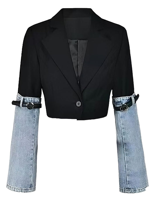 Nihsatin Women’s Contrast Denim Cropped Blazer Edgy Patchwork Jean Jacket for Party & Night Out