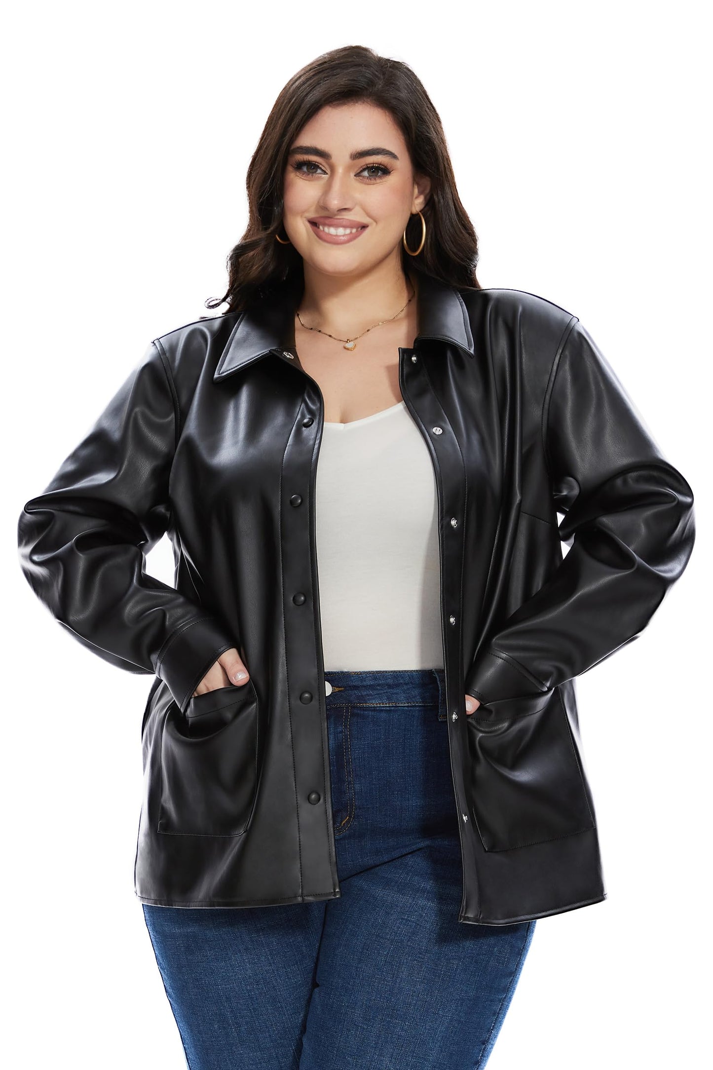 Fahsyee Women's Faux Leather Shacket Loose Fit Shirts Moto Biker Jacket L