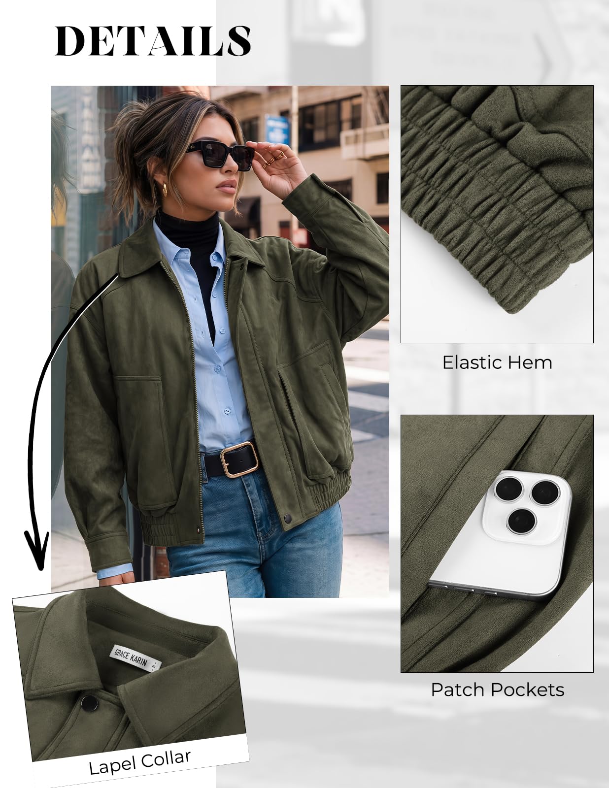 GRACE KARIN Women's Faux Suede Jacket Fall Long Sleeve Coat Army Green M