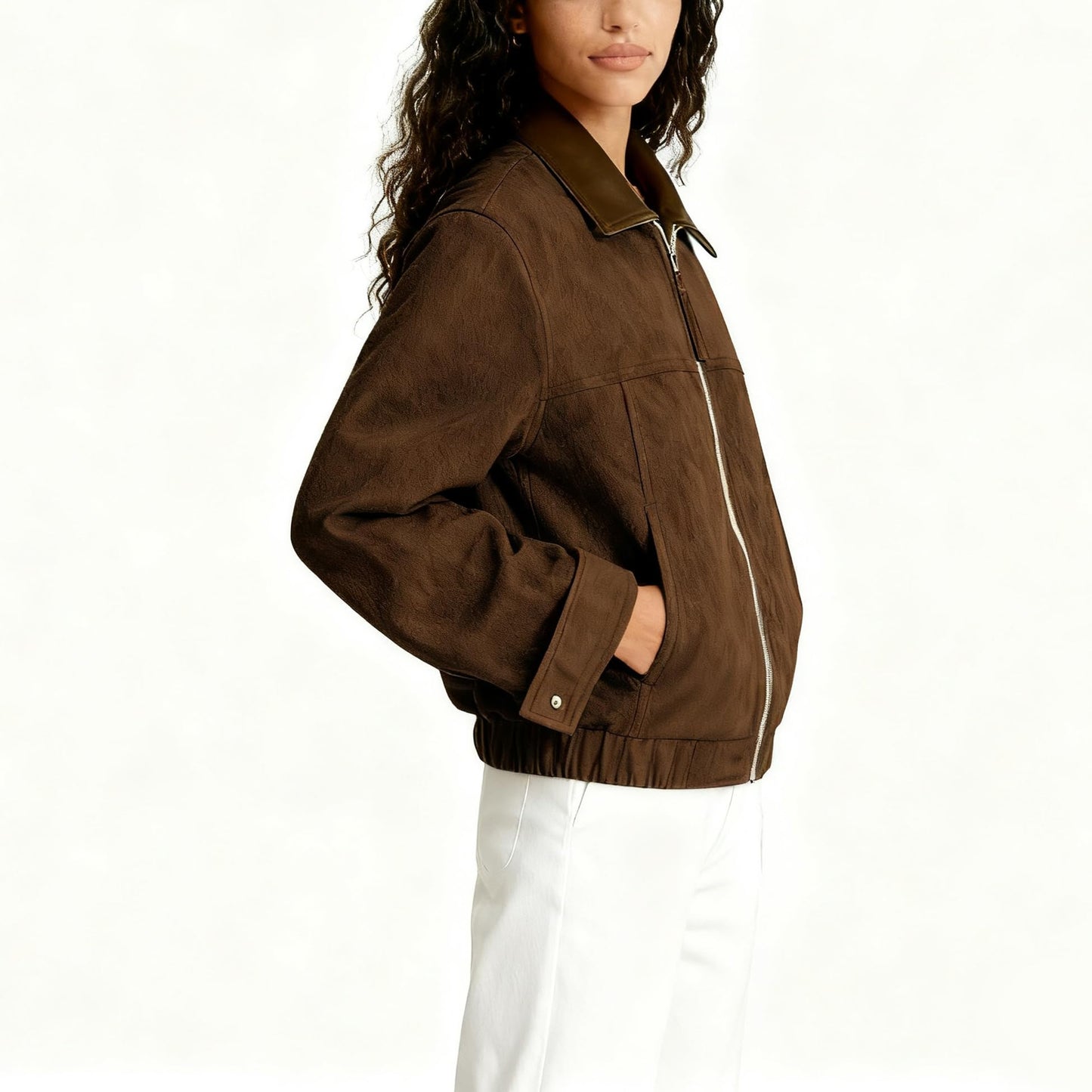 Zoziiee Women's Faux Suede Cropped Jacket Contrast Collar Zip Up Utility Barn Coat Trendy Fall Outwear(Coffee,M)