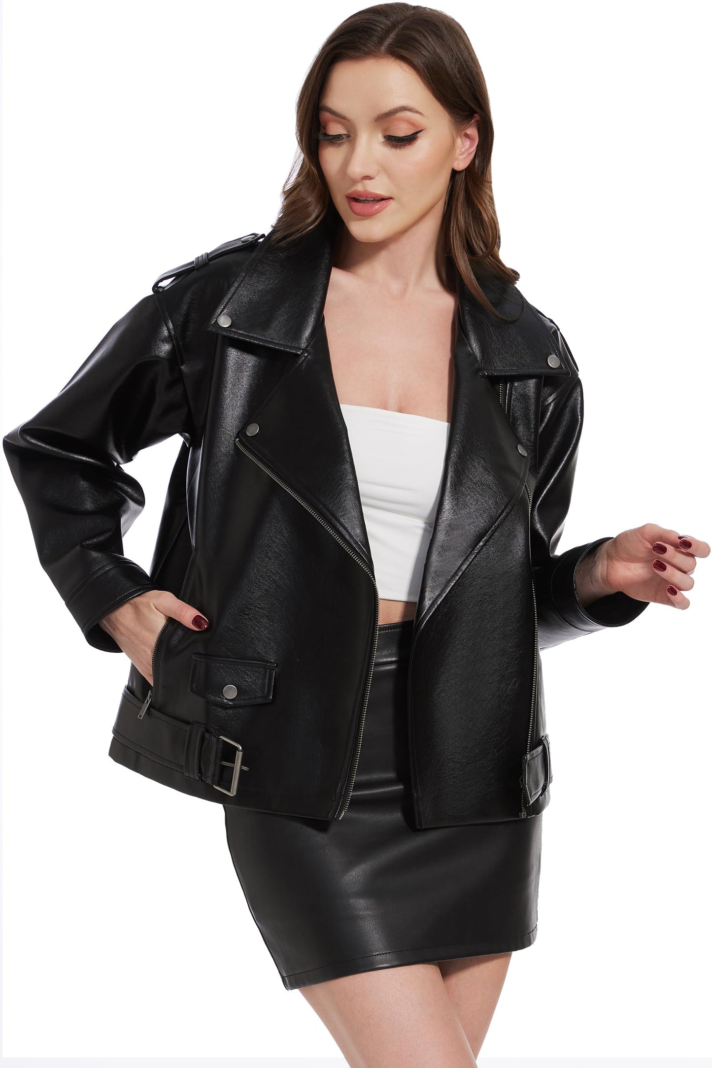 Fahsyee Women's Faux Leather Jacket, Plus Size Moto Biker Coat Black XL