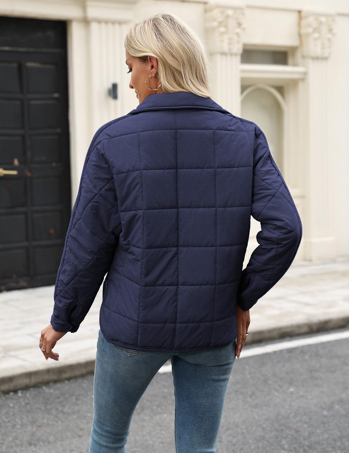 FIOPHY Women's Quilted Puffer Jacket Lightweight Zip Up Padded Coat Long Sleeve Y2K Casual Jacket Outwear with Pockets & Slit Navy Blue L