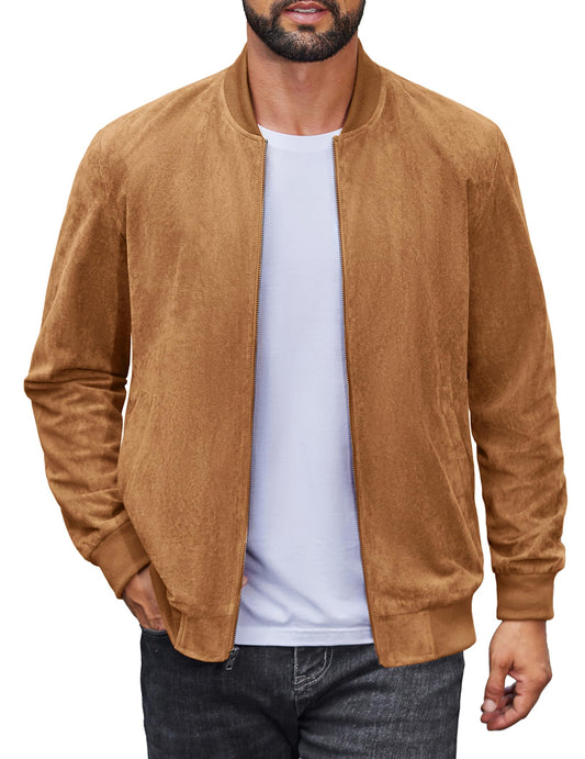 COOFANDY Mens Suede Jackets Lightweight Bomber Jackets Casual Vintage Jackets Faux Leather, Light Brown, Medium