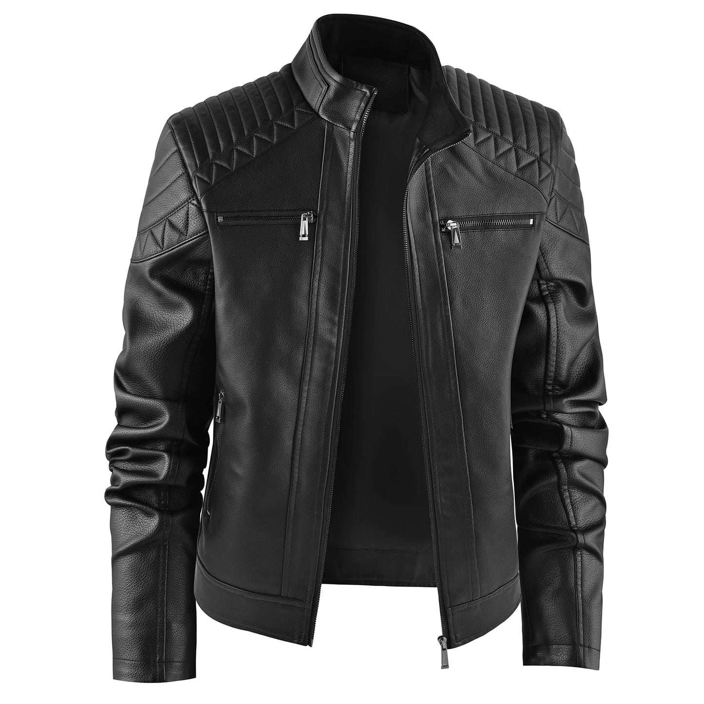 LEDUNTINO Men's Leather Jacket, Stand Collar PU Faux Leather, Zip-Up Motorcycle Bomber Jacket, Slim Fit Biker Coat Black Large