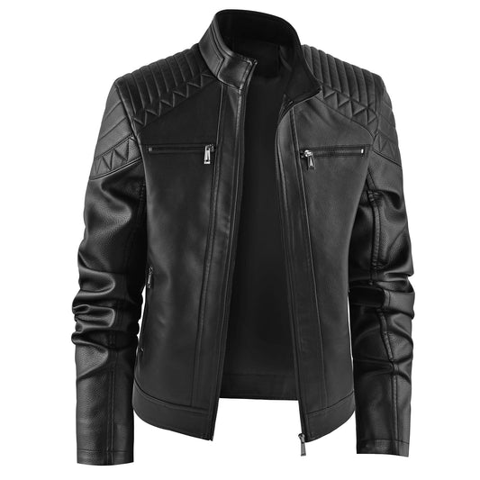 LEDUNTINO Men's Leather Jacket, Stand Collar PU Faux Leather, Zip-Up Motorcycle Bomber Jacket, Slim Fit Biker Coat Black Large