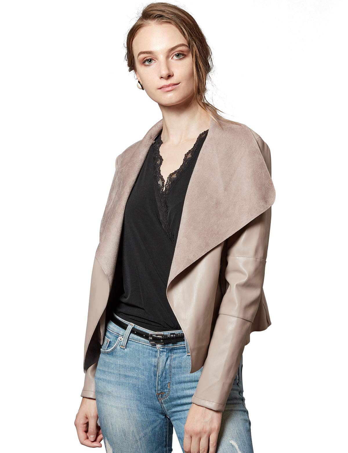 Escalier Women's Faux Leather Jackets Slim Open Front Lapel Blazer Jackets Khaki Large