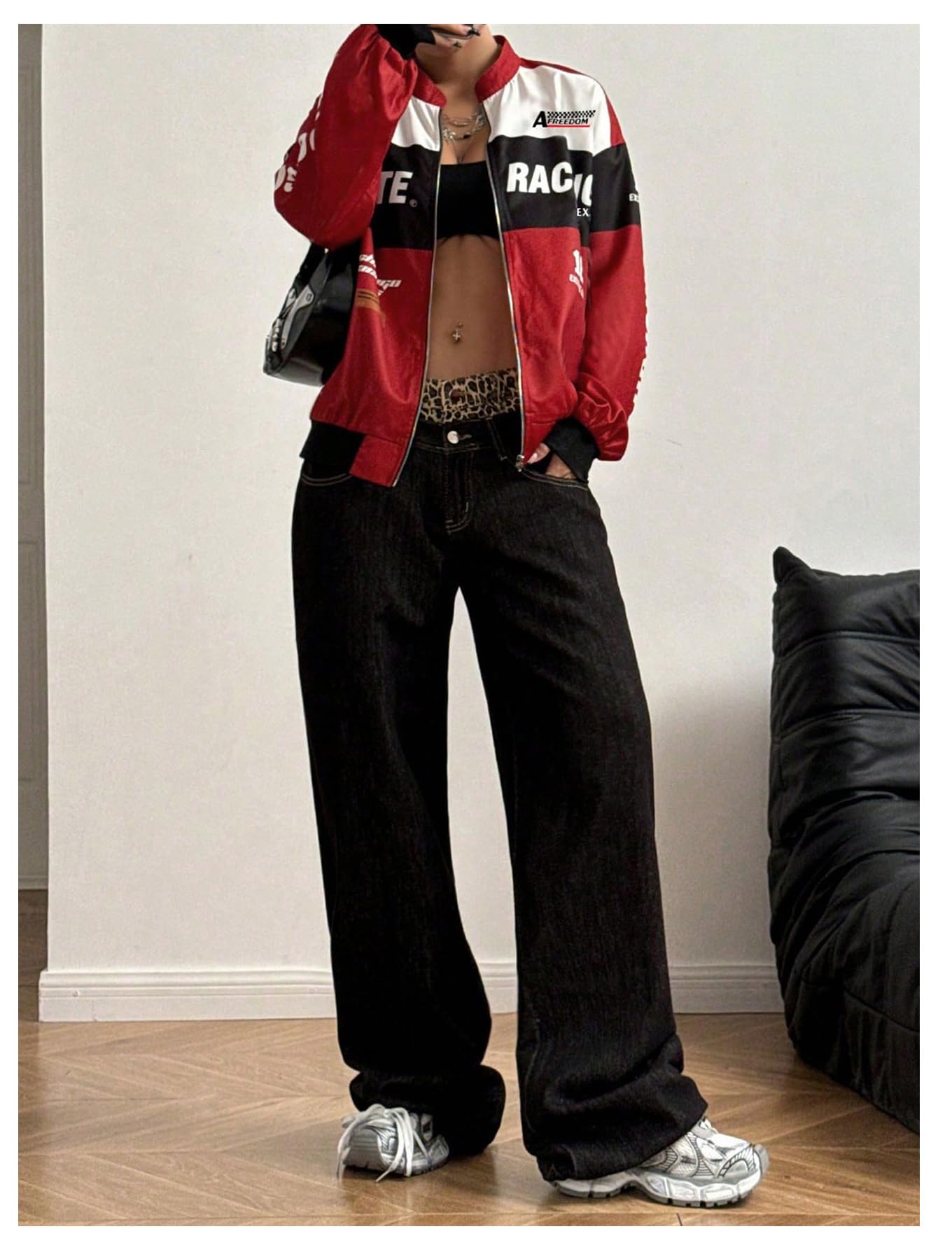 GORGLITTER Women's Race Car F1 Motorcycle Jacket Y2k Racing Outfits