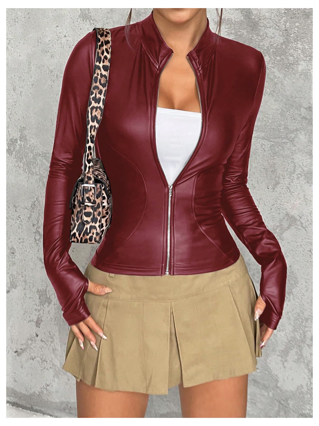 MakeMeChic Women's Faux Leather Jacket Thin Fleece Mock Neck Zip Up Long Sleeve Coat Outerwear Red Small