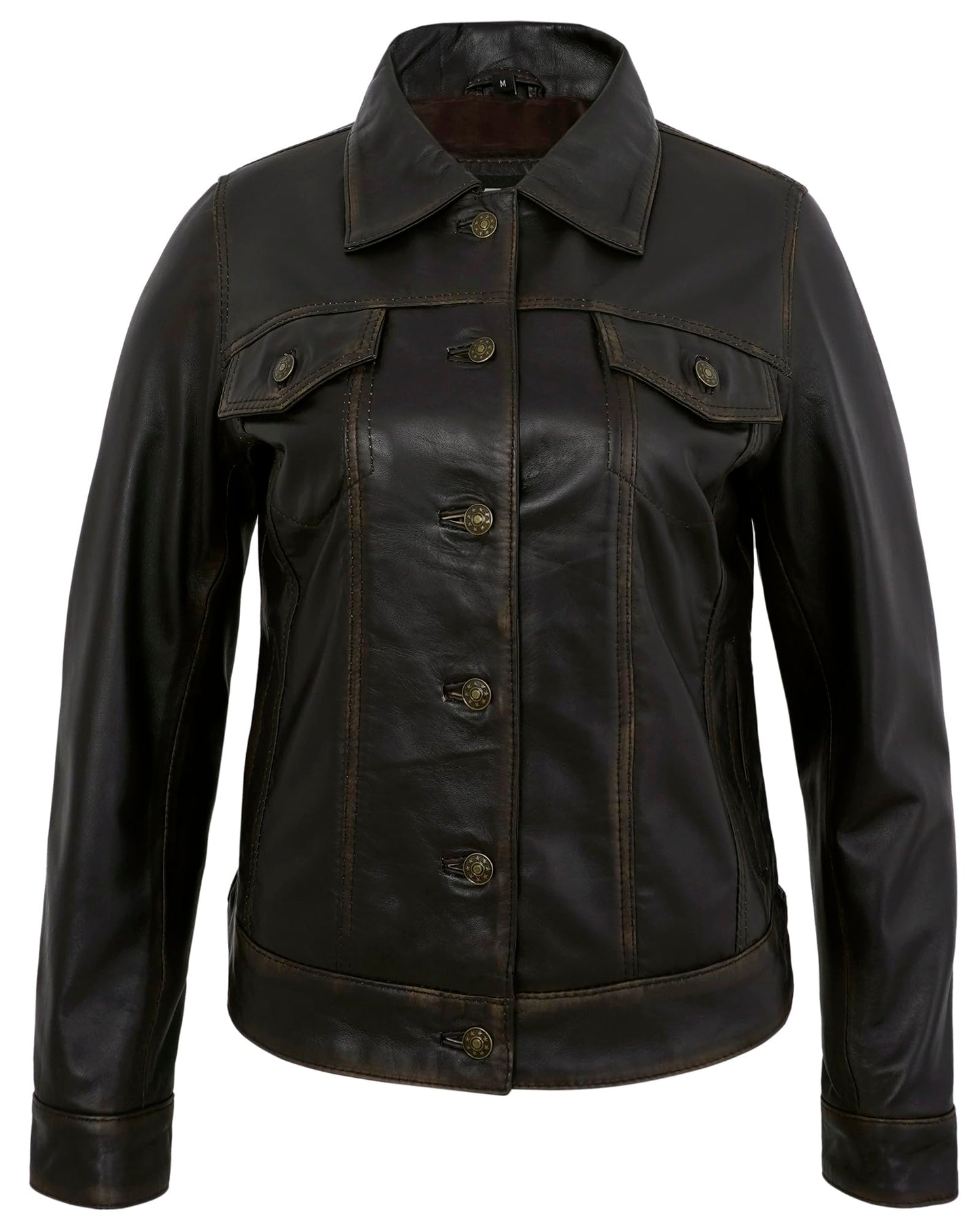 UrbanFocal Biker Style Womens Leather Jacket - Real Lamskin Brown Leather Motorcycle Jacket Women | [101013206] F.Trucker Ruboff, 2XL