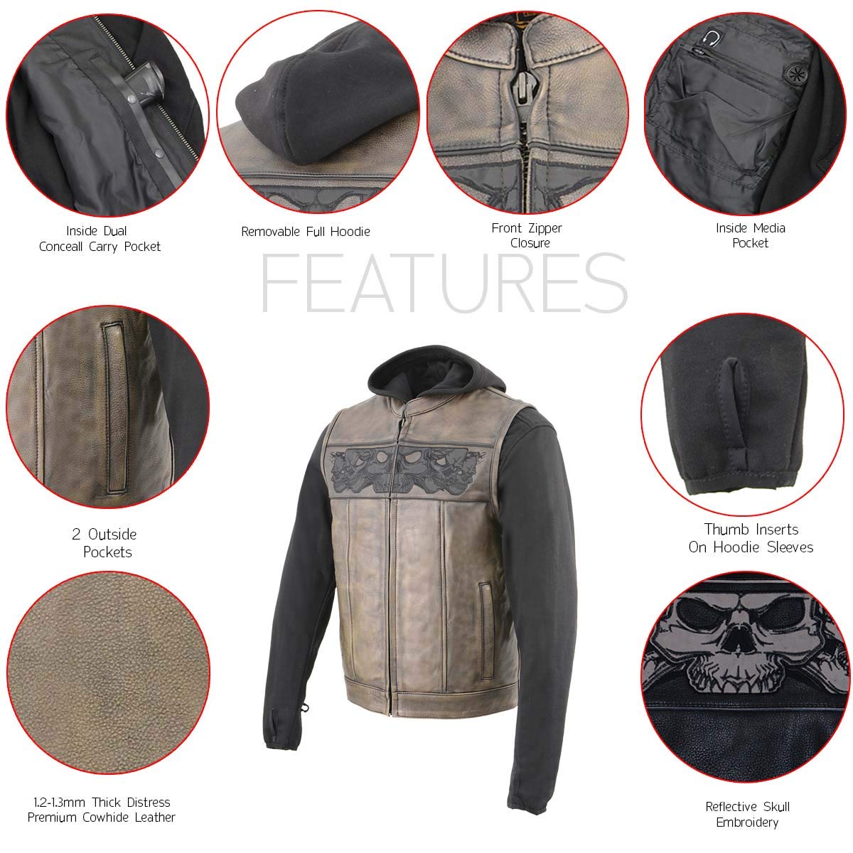 Milwaukee Leather Men's Leather Motorcycle Vest w/Hoodie - XX-Large