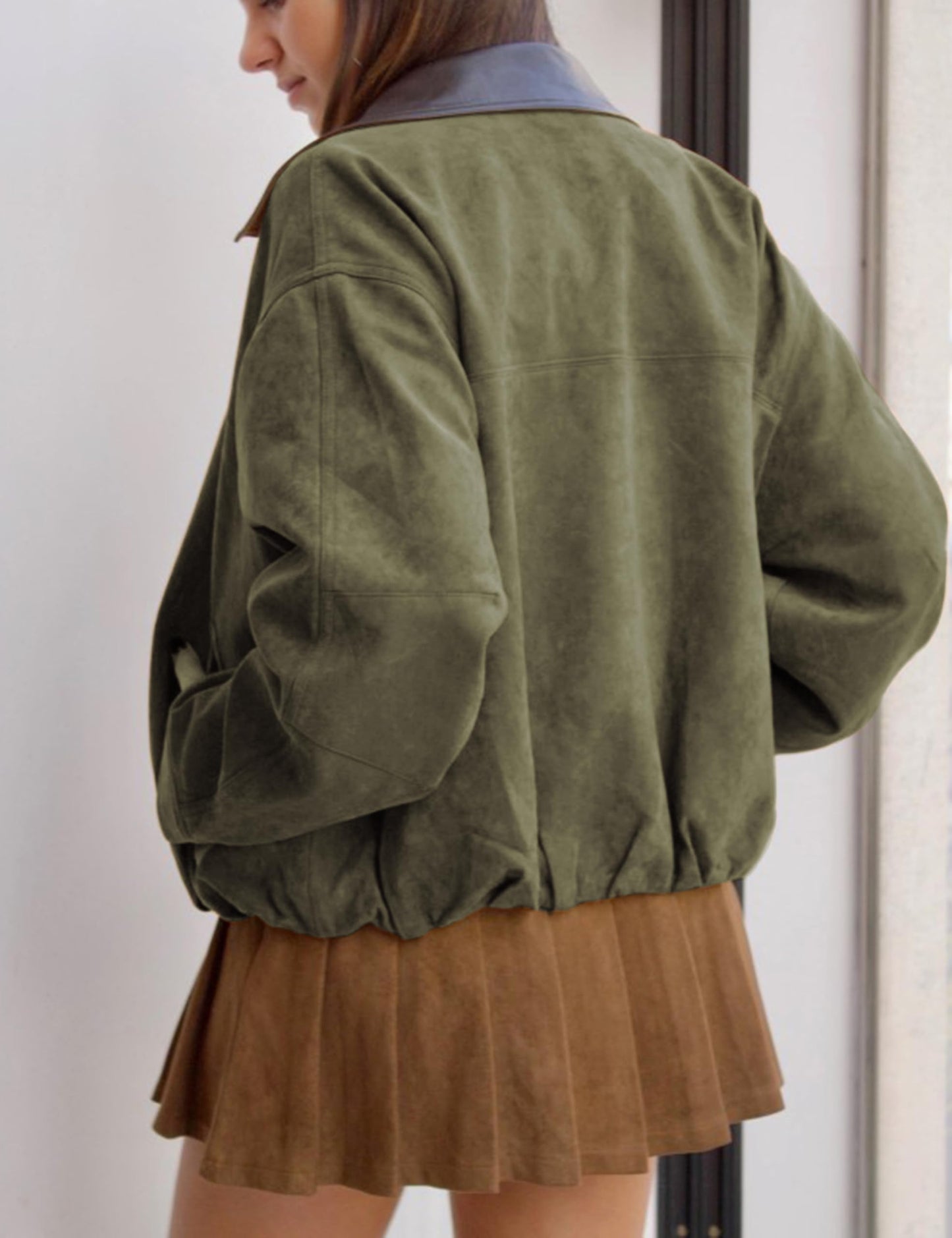 Yegthou Womens Faux Suede Bomber Jacket Casual Lapel Pilot Cropped Jackets Oversized Motorcycle Zip Up Outerwear Coats(ArmyGreen-XS)