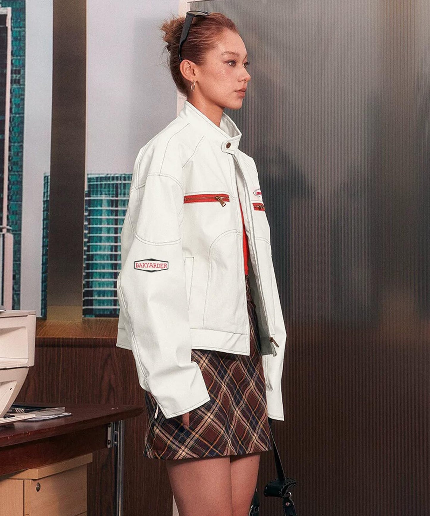 Bakyarder Biker Jacket for Women Unisex Faux Leather Long Sleeves Zip Up Streetwear Moto Coat White X-Large