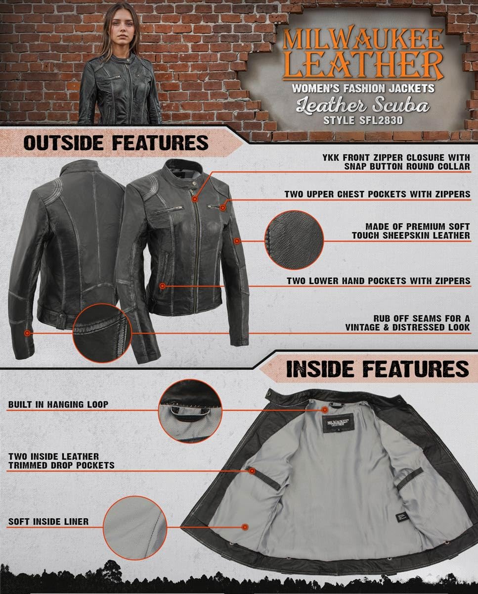 Milwaukee Leather SFL2830 Women's Black Sheepskin Scuba Style Fashion Leather Jacket - X-Large