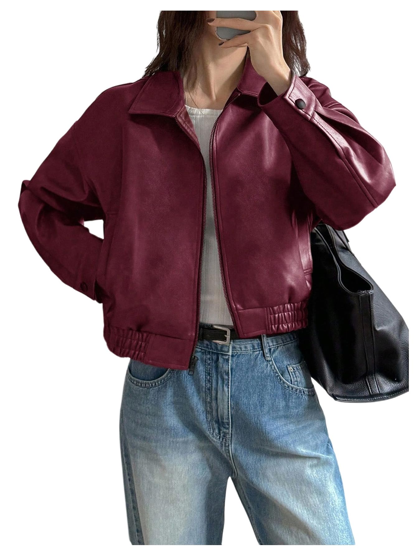 Milumia Women's Faux Leather Zip Up Jacket Vintage Collared Long Sleeve Motorcycle Jackets Dark Red Medium