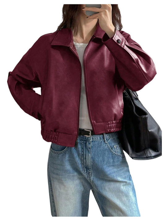 Milumia Women's Faux Leather Zip Up Jacket Vintage Collared Long Sleeve Motorcycle Jackets Dark Red Medium