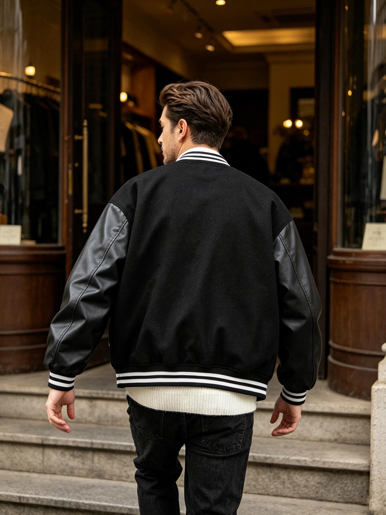 RAOENJADO Men's Varsity Jacket Bomber Letterman Jacket Leather Sleeve Vintage Style Lightweight Outerwear Black XXL
