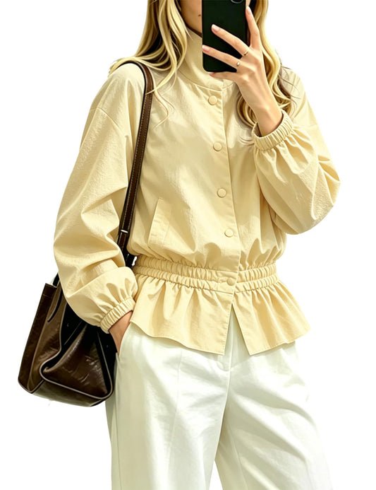 Bell Princess Womens Oversized Bomber Puff Jacket Stand Collar Lightweight Elastic Waist Windproof Shacket Coat(0323-Yellow-M)