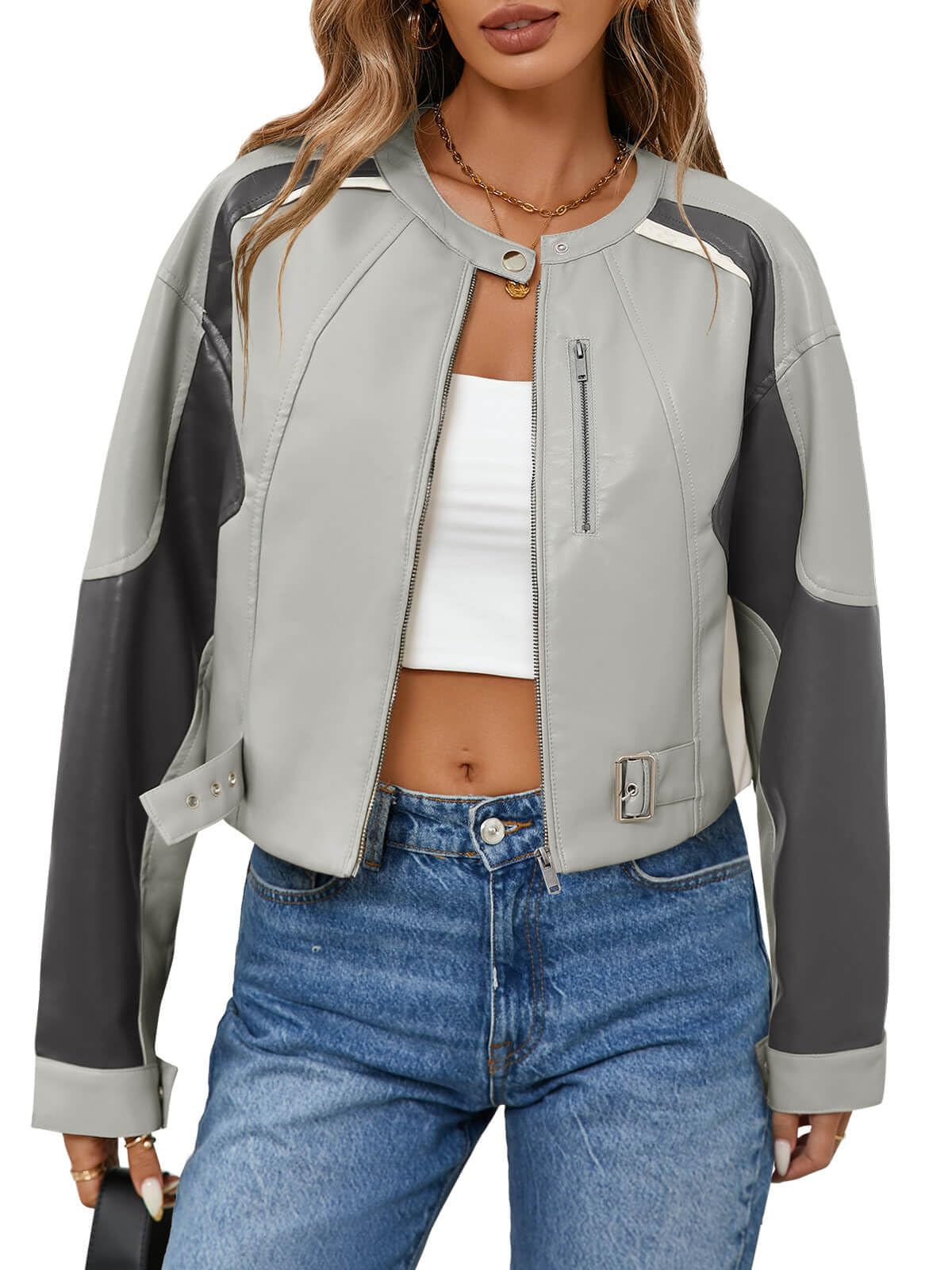 Tankaneo Womens Faux Leather Bomber Jackets Cropped Fall Moto Biker Coats
