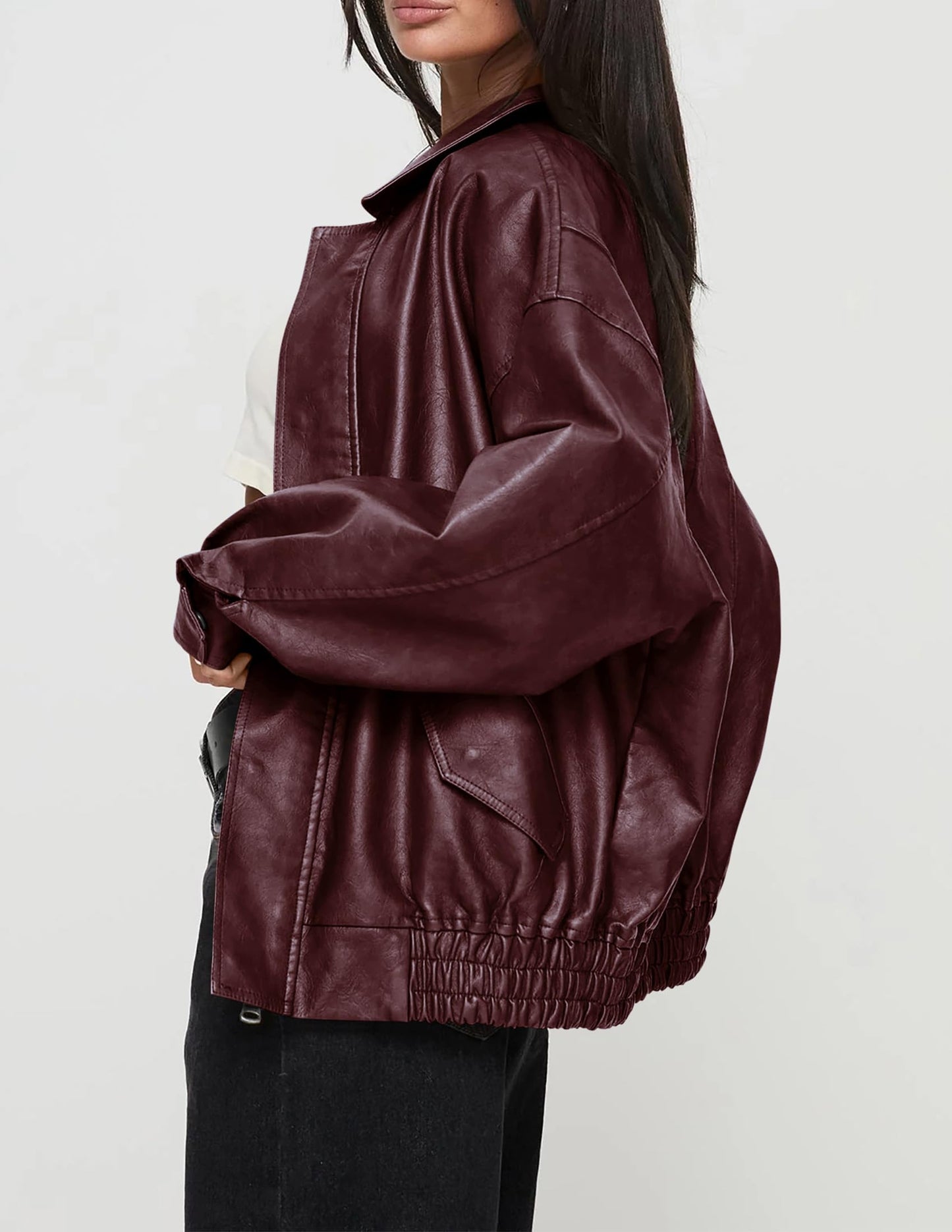 PRETTYGARDEN Women's Faux Leather Motorcycle Jacket Trendy Fall Spring Clothes Oversized Zip Up Winter Coat Outerwear (Wine Red,X-Small)