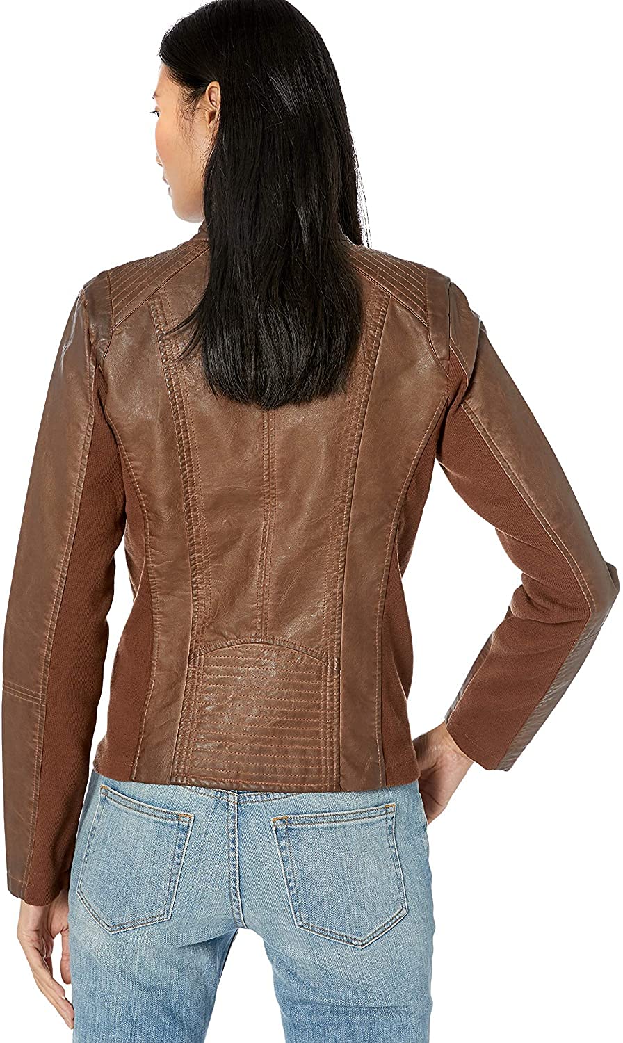 Sebby Collection Women's Faux Leather Jacket with Moto Details and Front Zip Pockets, Whiskey, Medium
