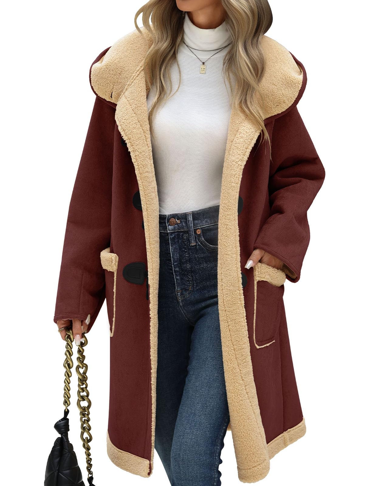 UMIPUBO Women Suede Sherpa Fleece Lined Duffle Faux Leather Coat Mid Length Hooded Toggle Jacket with Pockets, Winter Trendy Warm Outerwear(Wine Red,S)