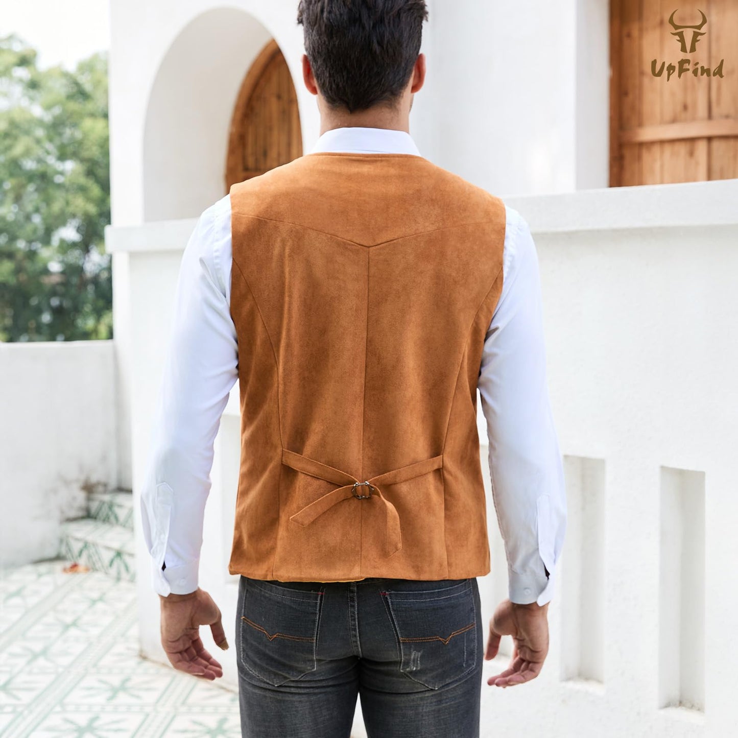 UpFind Men's Suede Leather Suit Vest V Neck Artificial Retro 5 Button Regular Vest Cowboy Style Sleeveless Jacket