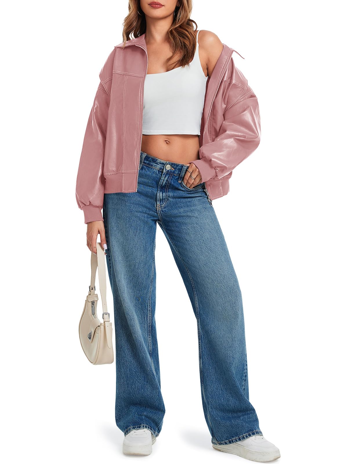 Tankaneo Womens Oversized Leather Bomber Jackets Zip Up Motorcycle Coats