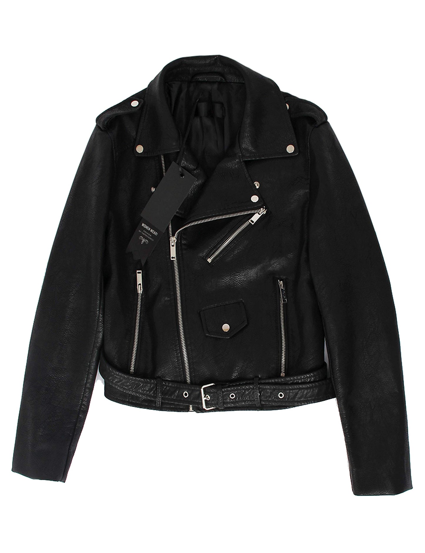 Jhichic Women's Faux Leather Textured Short Moto Jacket Zip-up Slim PU Biker Coat with Pockets (Black, L)