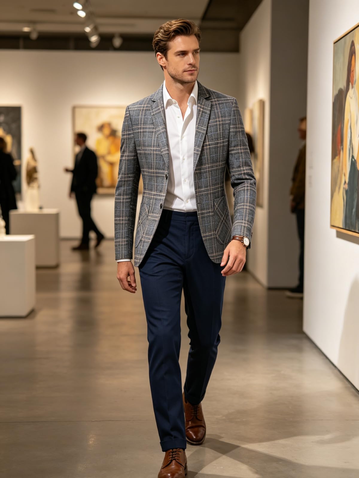 Men's Blazer Plaid Suit Jacket 2 Button Checkered Sport Coat Wedding Business Jackets Gray