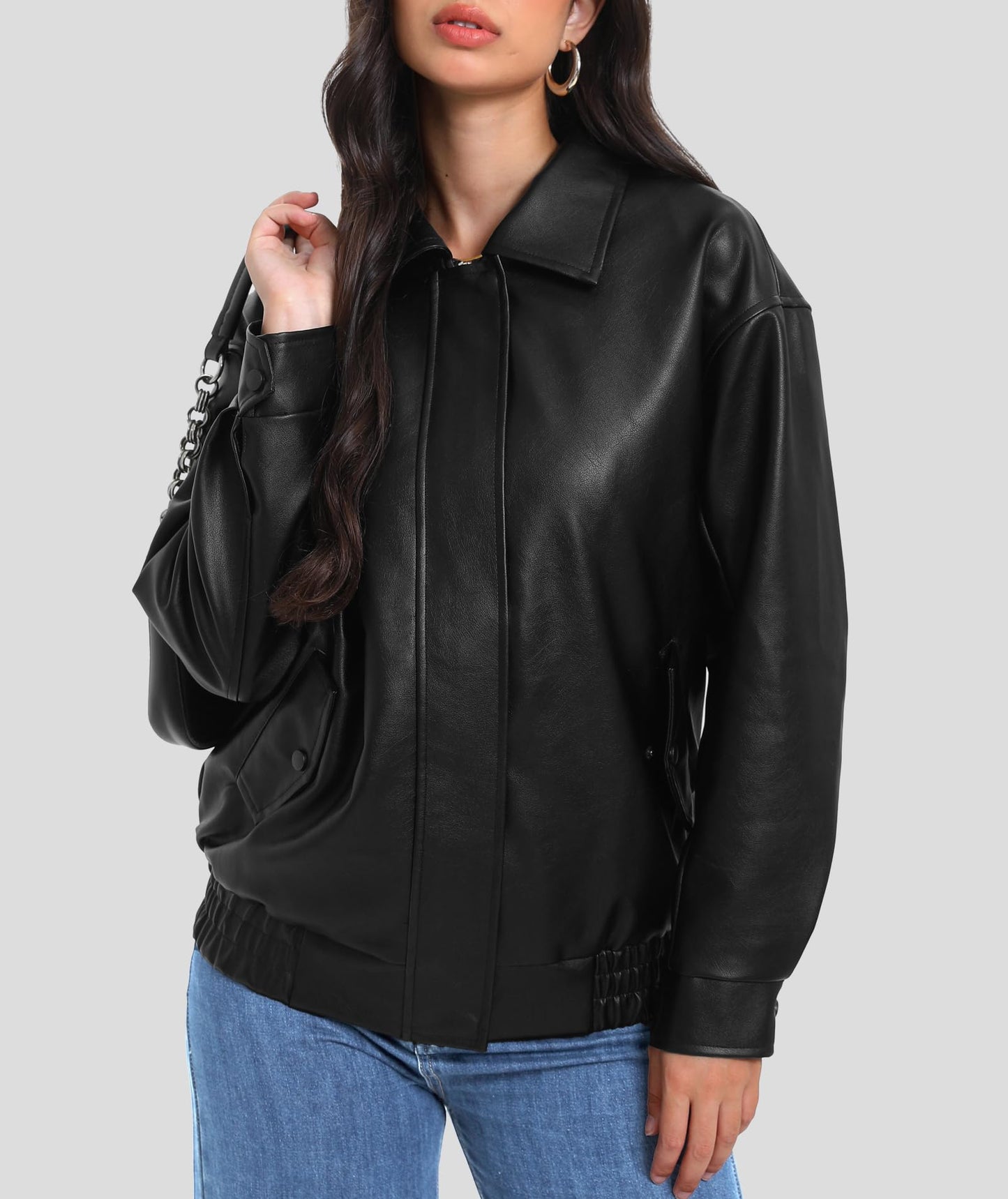 Casly Lamiit Womens Faux Leather Jacket Oversized Motorcycle Bomber Coat Winter Biker Black Jackets 2025 Trendy Street Clothes Black 2XL