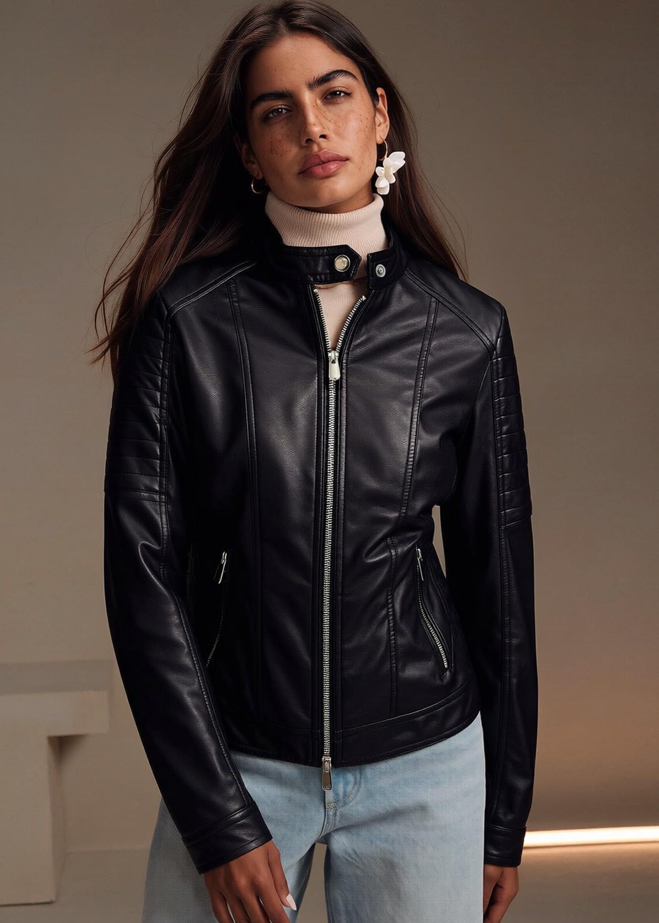Pallivare Womens Faux Leather Motorcycle Stand Collar Jacket