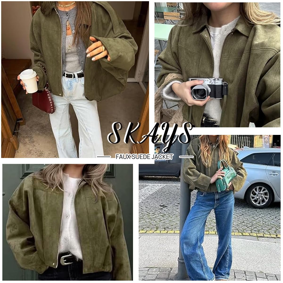 SKAYS Womens Faux Suede Bomber Jacket Lightweight Zip Up Cropped Lapel Pilot Jackets Oversized Casual Motorcycle Coat Beige M