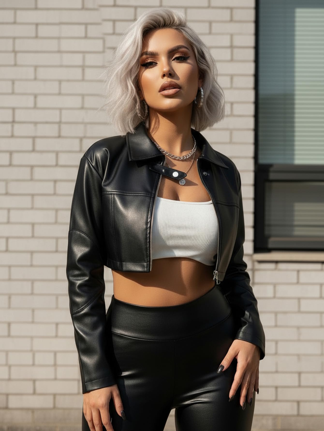 winkbay Women's Pu Leather Cropped Motorcycle Jacket Y2k Zip Up Collared Jackets Streetwear Black Small