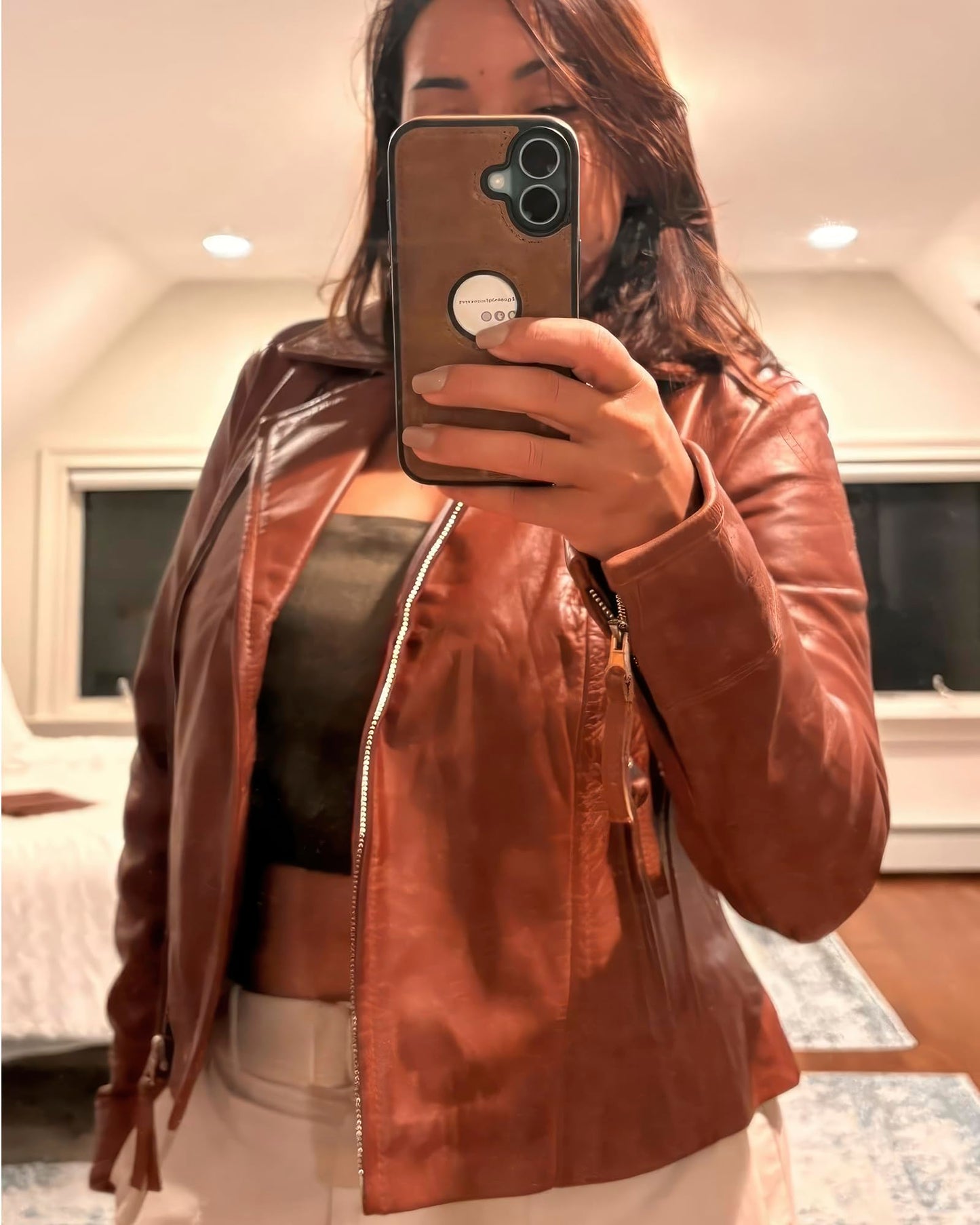UrbanFocal Real Lambskin Brown Leather Jacket Women - Asymmetrical Style Womens Leather Jackets | [101006306] Cognac Ramsy, 2XL