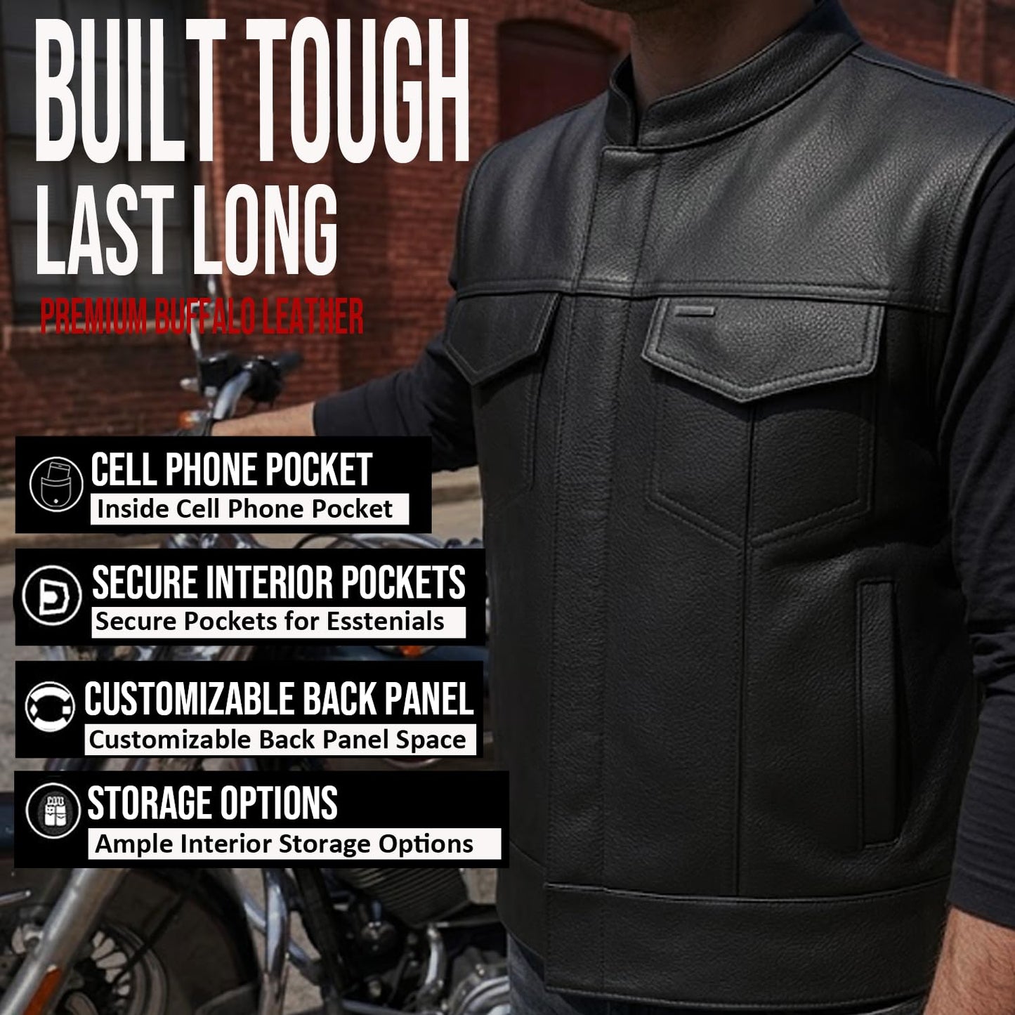 Jackets 4 Bikes Men’s SOA Motorcycle Vest – Premium Buffalo Leather Multiple Pockets Club Style Biker Vest with Metal Zippers Black XL
