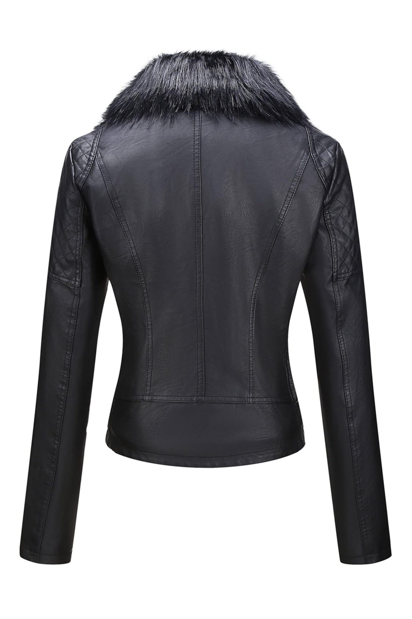 Bellivera Women's Faux Leather Short Jacket Moto Sherpa-Lined Coat with Removable Fur Collar 9201 Black XL