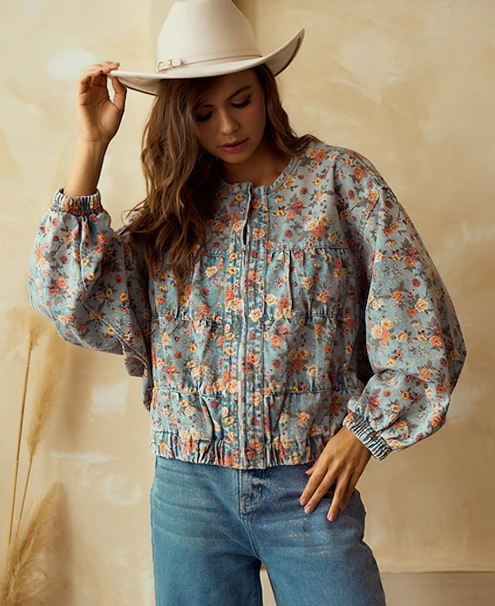 chouyatou Women Spring Fall Oversized Jean Jacket Trendy Lightweight Y2K Floral Denim Bomber Jacket Coat (Medium, Floral Blue)