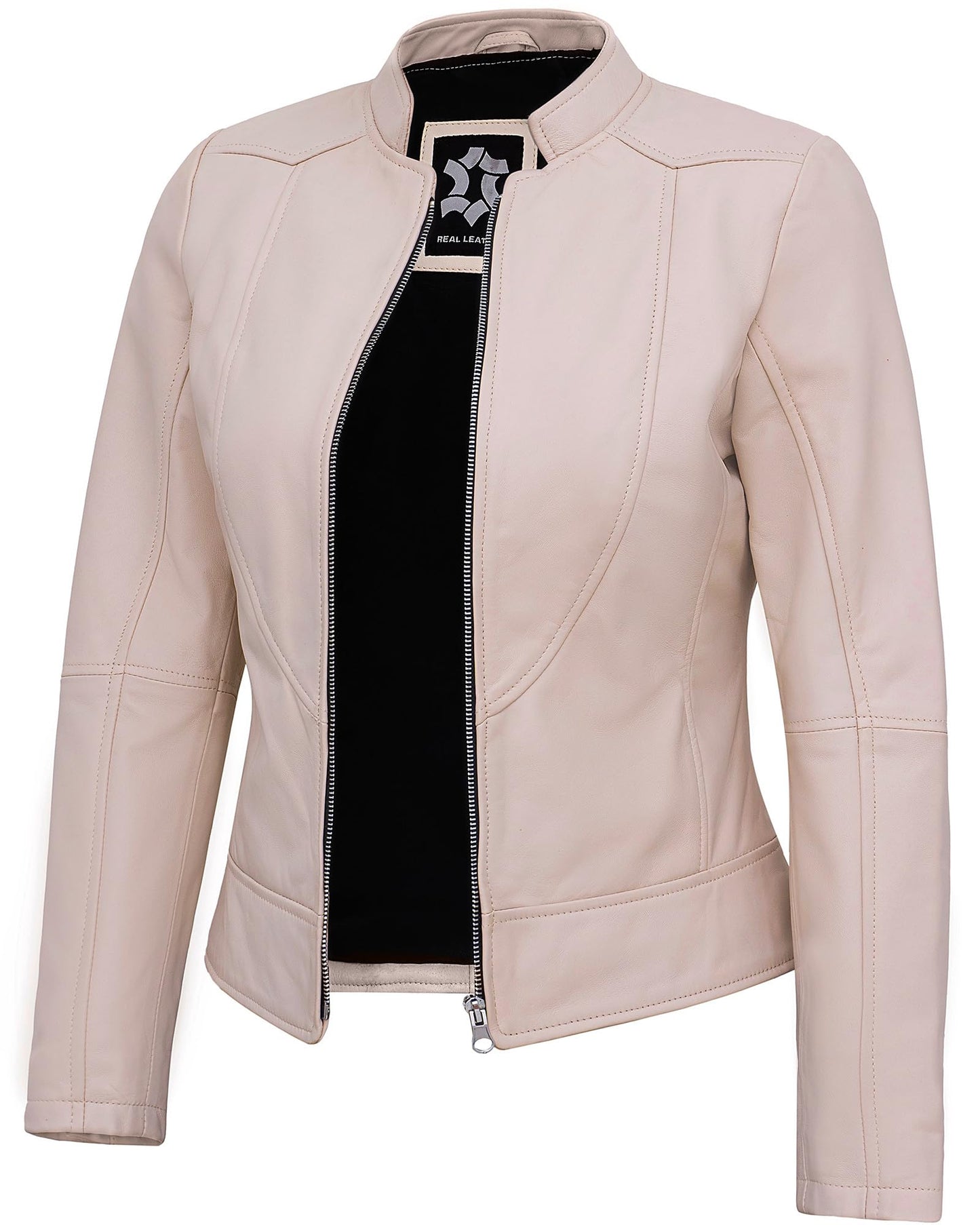 UrbanFocal Beige Leather Jacket For Women - Real Lambskin Cafe Racer Womens Leather Jackets | [101007604] Beige Amy, L