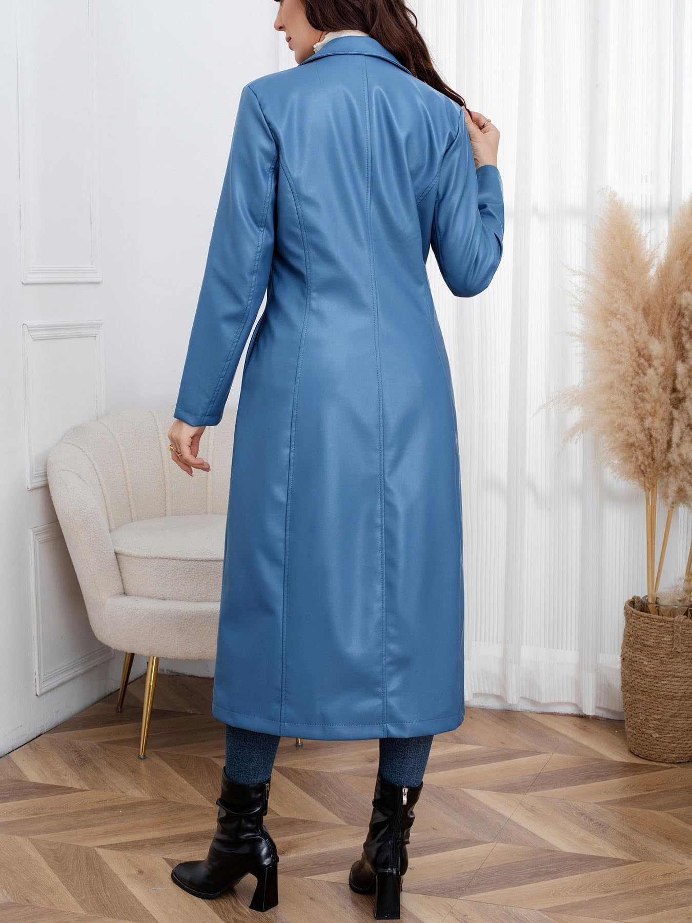 utcoco Womens Faux Leather Trench Coat Classic Lapel Button Down Maxi Jacket 2025 Stylish Overcoat (Large, Blue)