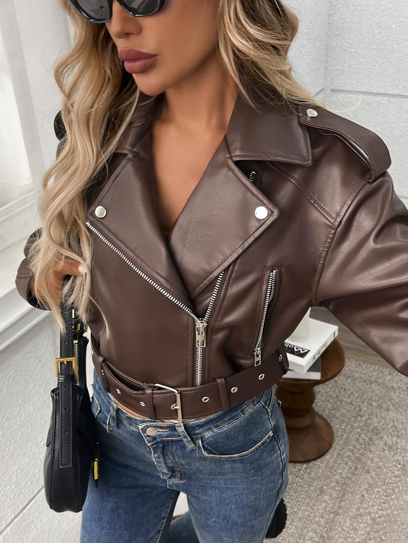 LY VAREY LIN Women Faux Leather Cropped Jacket Vegan Motor Biker Coat with Belt