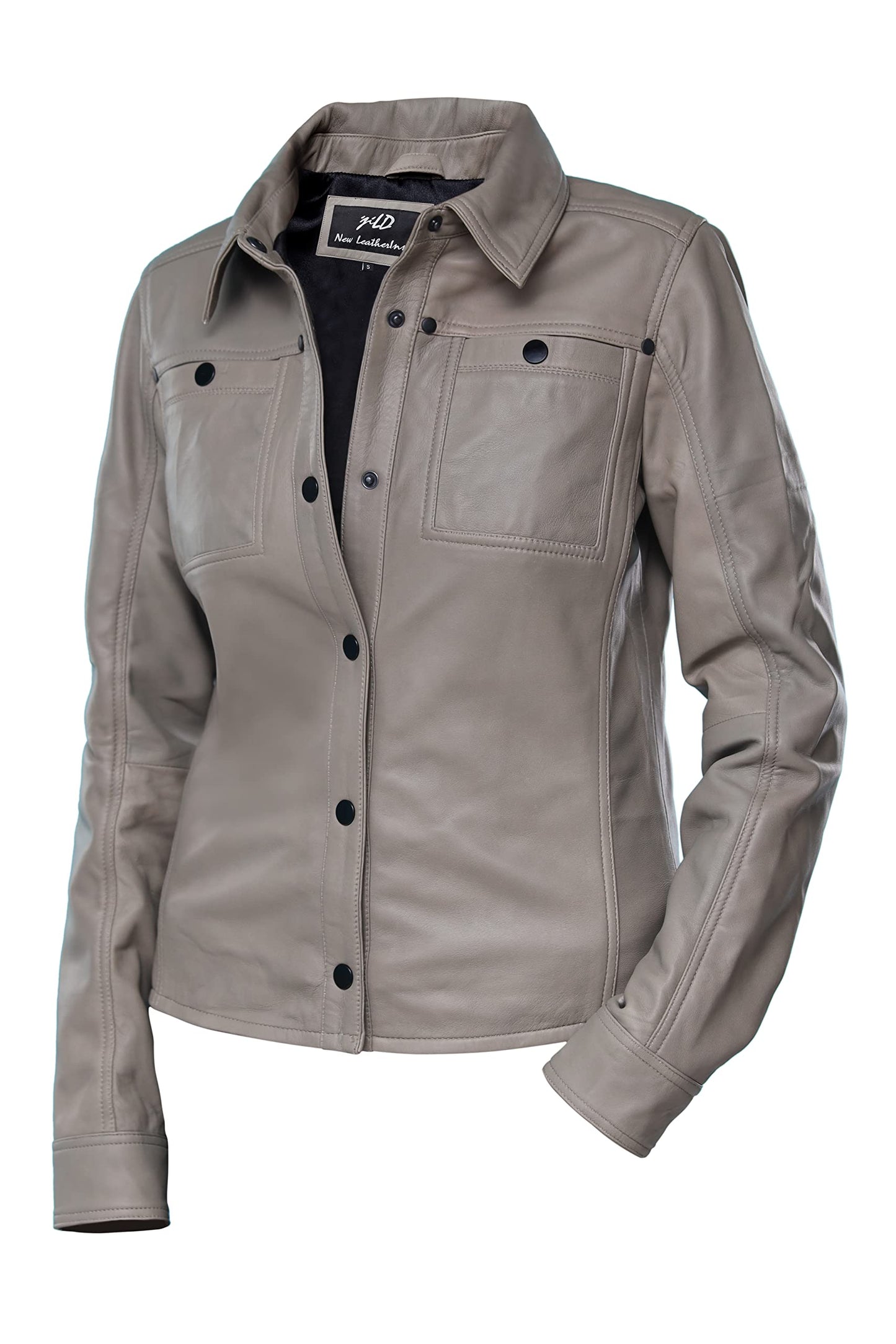 Jild Womens Button Front Lambskin Leather Jacket Shacket - Casual Shirt Long Sleeve Leather Jacket Women with Bust Pocket (Grey-L)