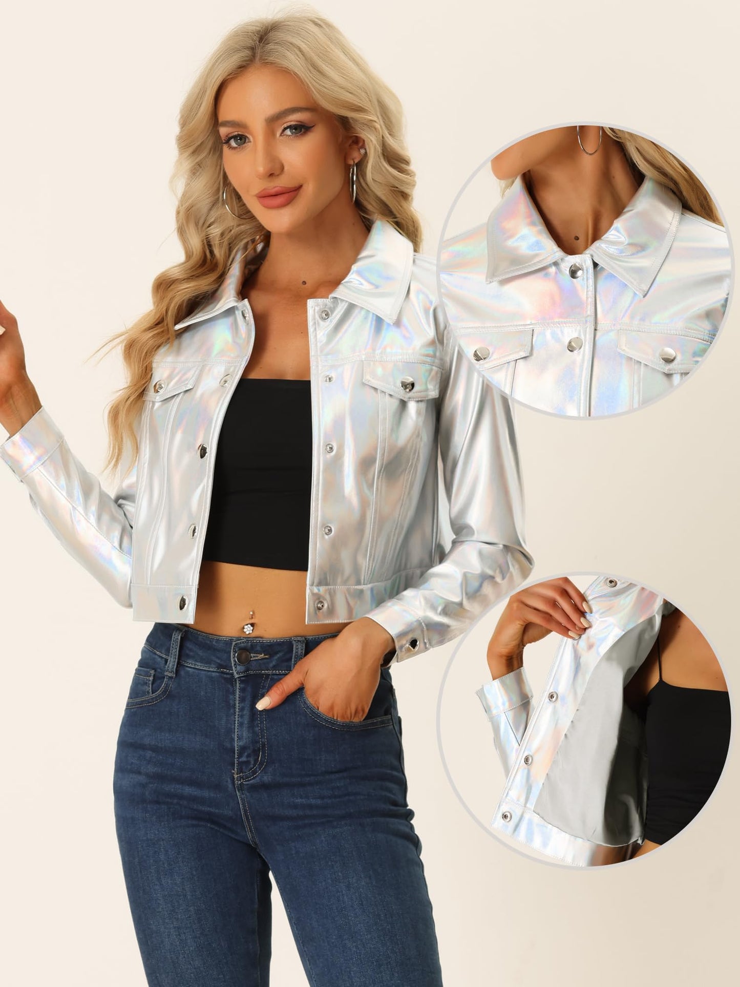 Allegra K Metallic Jacket for Women Moto Biker Jacket Holographic Shiny Crop Party Jackets Large Silver