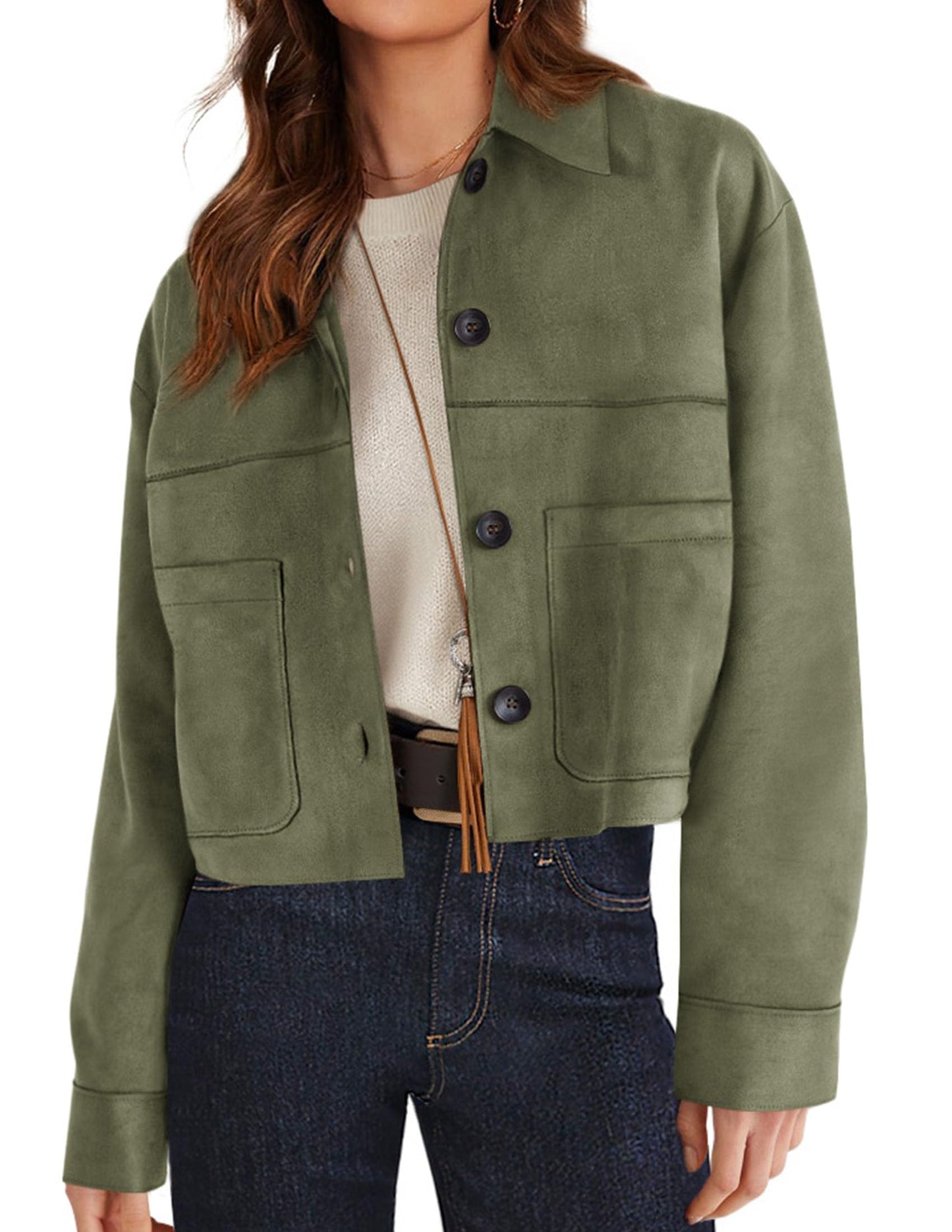 PRETTYGARDEN Women's Faux Suede Cropped Jacket Casual Lightweight Fall Fashion 2026 Winter Coats Outerwear Trendy Clothes (Army Green,Small)