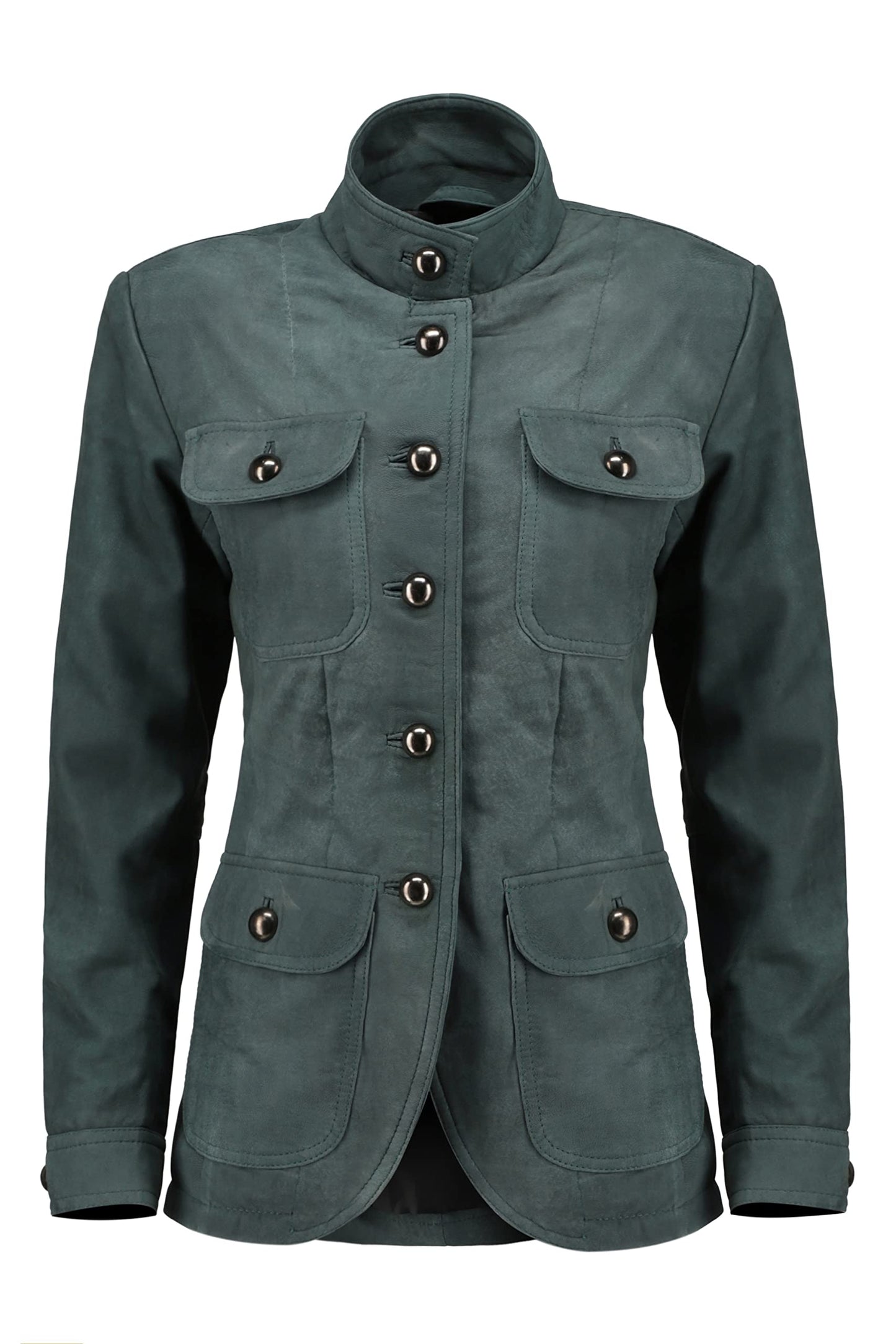 Jild Fancy 5-Button Four Pocket Double Back Slit Leather Blazer Women - Vintage Suede Look Cuff Sleeves Leather Jacket Women (ZC-Blue-3XL)